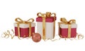 3D render gift boxes with golden ribbon serpentine and Christmas ball. Red and gold festive decoration for Christmas and Royalty Free Stock Photo