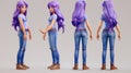 3D render girl character, side, rear, front view. Young contemporary woman with purple hair wearing jeans and a t-shirt Royalty Free Stock Photo