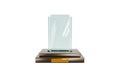 3d render, glass award trophy or winner prize on wooden pedestal, front view. Mockup empty crystal plate or clear Royalty Free Stock Photo