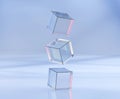 3d render, glass or plastic cubes flying in different angles on blue texture background. Clear square boxes of acrylic