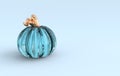 3d render glass pumpkin on pastel colored background space. Holiday decoration, blue and golden pumpkin for