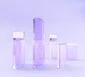 3d render glass transparent clear rectangle plates on purple background. Abstract geometric shapes, crystal wall panels