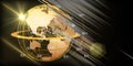 3d render global network background. Golden earth grid with map and blurred lines. For business, science, tech concept. Big data