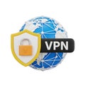 3D render of a globe with aVPN shield and text on a white background virtual private network Royalty Free Stock Photo