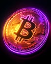3D render of a glowing Bitcoin cryptocurrency coin with orange and violet gradient lighting. Concept of blockchain
