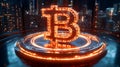 3D Render - Glowing Bitcoin Symbol on a Platform
