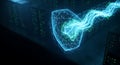 3D render Glowing blue green data stream secured by polygonal shield, symbolizing enterprise cyberse Royalty Free Stock Photo