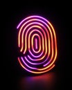 3D render of a glowing fingerprint in orange and violet gradient on a dark background. Concept of biometrics, security
