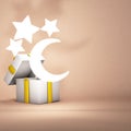 3D Render of Glowing Golden Moon with Yellow and White giftbox