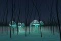 3d render of glowing mushrooms arranged in faerie circle and fantasy forest