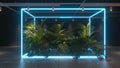 3D render Glowing neon lighting with plants on floor reflection for future premium green product or technology