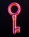 3D render of a glowing orange and violet gradient key on a black background. Concept of unlocking, access, and