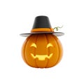 3D render of a glowing pumpkin jack-o\'-lantern wearing a black pilgrim or witch hat Royalty Free Stock Photo