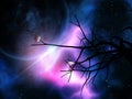 3D gnarly tree against night sky with planets