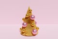 3d render of gold artificial Christmas tree with pink and gold baubles on a pastel pink background