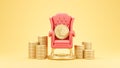 gold coin on red chair is surrounded by stacked coins