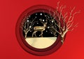 3D render of gold Deer and forest with snow background in the winter season and christmas.red paper art and digital craft style