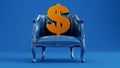 gold dollar sign on a blue armchair in a colored background