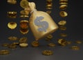 3D render gold Moneybag and stack gold coins are falling isolated on dark or black background. Cashless society concept. Growth