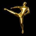 3d Render Gold Stickman - Karate Pose, perform a Kicking Position in the middle of the body