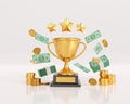 3d render gold winners trophy with stars and coin. golden profit and currency concept. victory prize awards with money. 3d