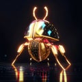 3d render of a golden beetle on a black background with reflection Generative AI