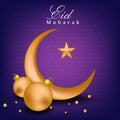 3D Render of Golden Crescent Moon with Star and Baubles on Purple Dotted Background for Eid Mubarak Celebration Royalty Free Stock Photo