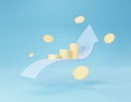 3d render of golden dollar coins stack in saving money for goal with arrow graph design Concept. Minimal pastel scene. Growth Royalty Free Stock Photo