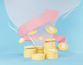 3d render of golden dollar coins stack in saving money for goal with arrow graph design Concept. Minimal pastel scene. Growth Royalty Free Stock Photo