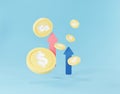 3d render of golden dollar coins stack in saving money for goal with arrow graph design Concept. Minimal pastel scene. Growth Royalty Free Stock Photo