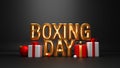 3D Render Golden Foil Boxing Day Text With Realistic Gift Boxes And Balls Against Black Background. Advertising Banner Royalty Free Stock Photo