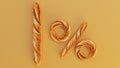 golden french baguettes forme one percent sign on yellow background, special offer concept