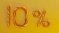 golden french baguettes forme ten percent sign on yellow background, special offer concept