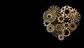 3d render golden heart made of gears and small spare parts on black background wirh copyspace