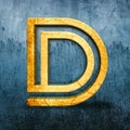 3D render of a golden letter D on the backdrop of a weathered blue surface