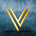 3D render of a golden letter V on the backdrop of a weathered blue surface