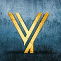 3D render of a golden letter Y on the backdrop of a weathered blue surface