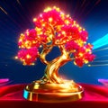 3d render, golden pedestal with beautiful blossoming tree. Generative AI