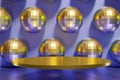 3d render of golden podium festive shiny dico balls pattern with a violet color
