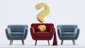 Golden question mark on red sofa on white background Royalty Free Stock Photo