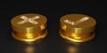 3D render golden right or wrong button isolate on black background. Gold button. Checkmark and X mark icon set. Checkmark right