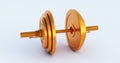 Golden Stylish Iron Barbell, gold dumbbell isolated on white background. High resolution Royalty Free Stock Photo