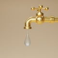 3D render Golden water tap with falling drop. Yellow Water tap icon Isolated on gold background. Save water advertising ecology Royalty Free Stock Photo