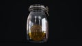 golen bitcoin inside a glasse jar isolated on dark background, cryptocurrency concept