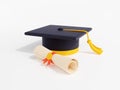 3d render graduation cap with diploma certificate