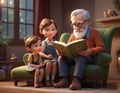 3D render of a grandfather reading a fairy tale to his grandchildren