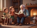 3D render of a grandfather reading a fairy tale to his grandchildren