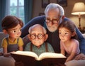 3D render of a grandfather reading a fairy tale to his grandchildren