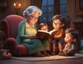 3D render of a grandmother reading a fairy tale to her grandchildren