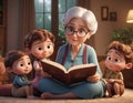 3D render of a grandmother reading a fairy tale to her grandchildren